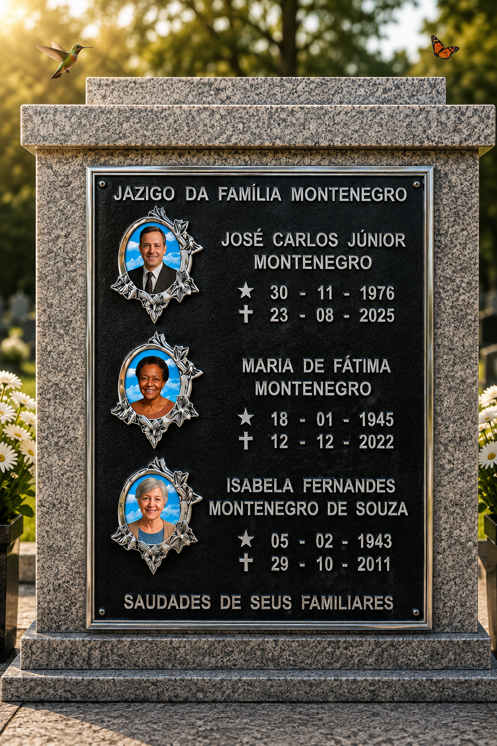 PLACA DE HOMENAGEM TRADICIONAL ALUMÍNIO 3 PESSOAS — exemplo de peça pronta, com nome e datas de demonstração