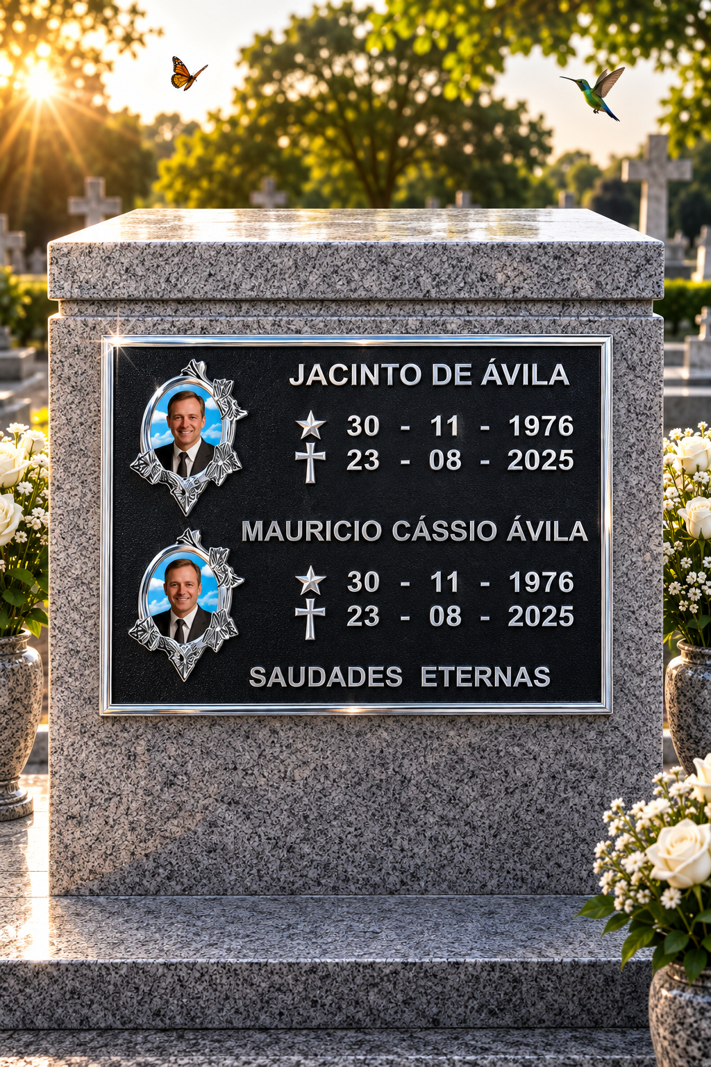 PLACA DE HOMENAGEM ALUMÍNIO C/2 PESSOAS — exemplo de peça pronta, com nome e datas de demonstração