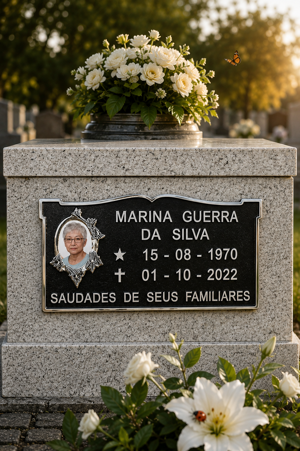 PLACA DE HOMENAGEM MODELO CASINHA 1 PESSOA — exemplo de peça pronta, com nome e datas de demonstração