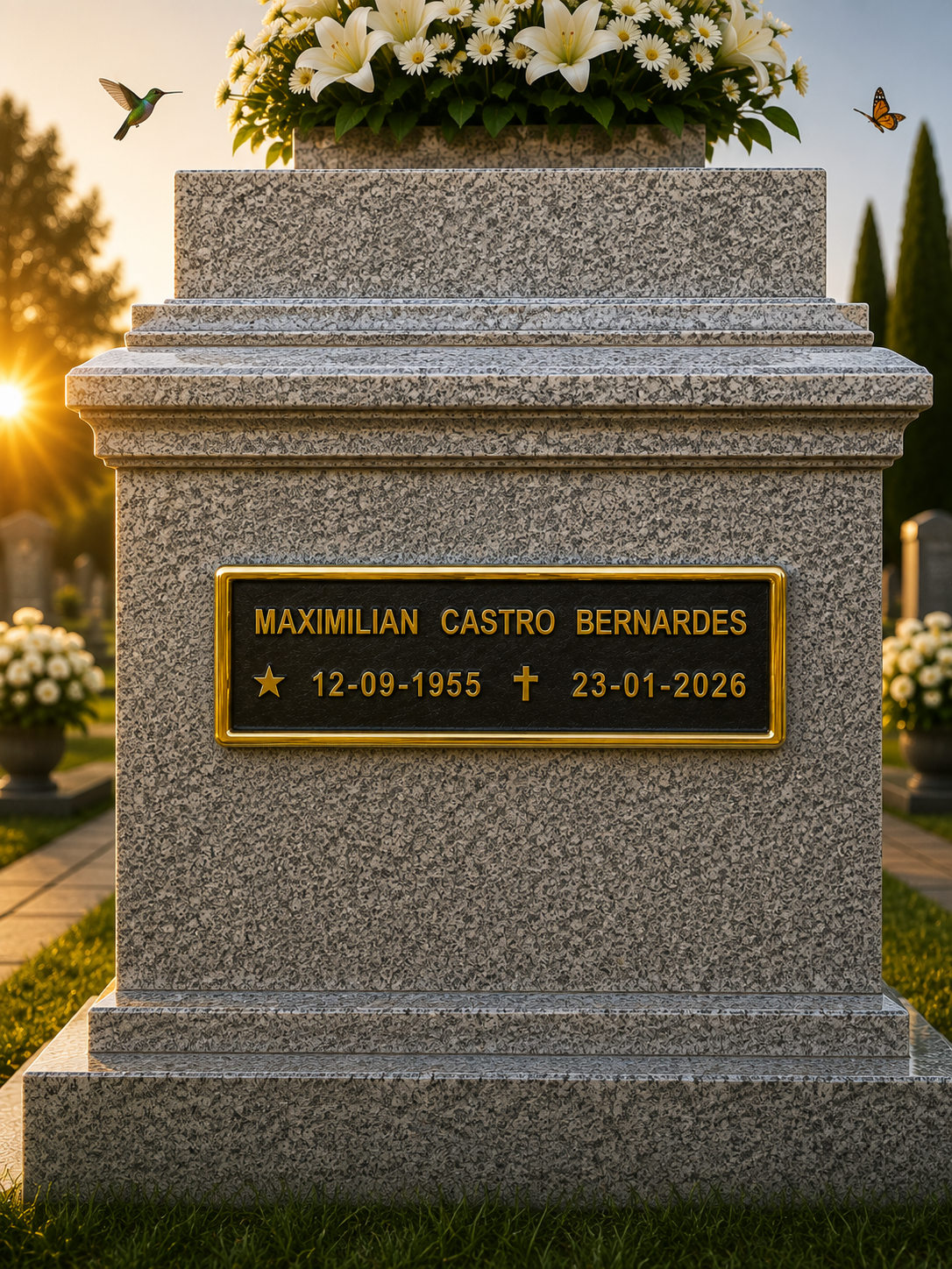 PLACA DE HOMENAGEM BRONZE S/ FOTO 1 PESSOA — exemplo de peça pronta, com nome e datas de demonstração