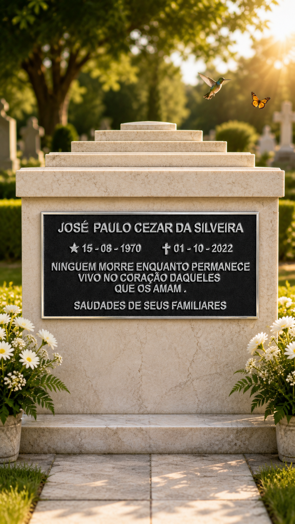 PLACA DE HOMENAGEM TRADICIONAL ALUMÍNIO NOME, DATAS E MENSAGEM — exemplo de peça pronta, com nome e datas de demonstração