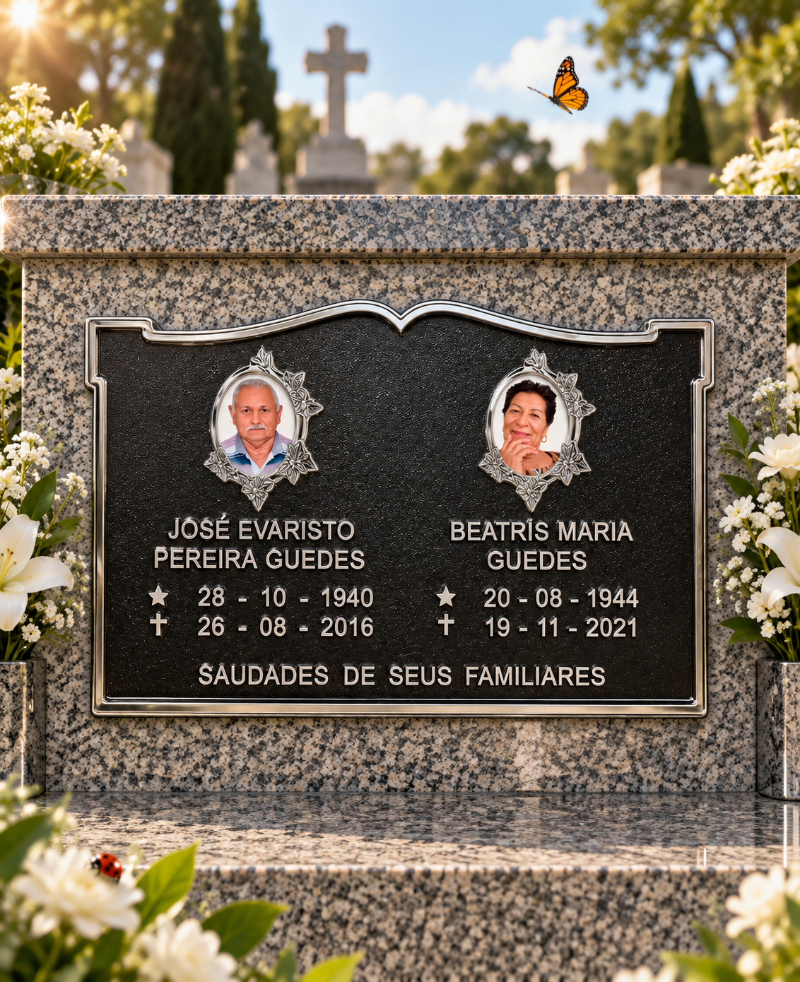 PLACA DE HOMENAGEM ALUMÍNIO C/ 2 PESSOAS — exemplo de peça pronta, com nome e datas de demonstração