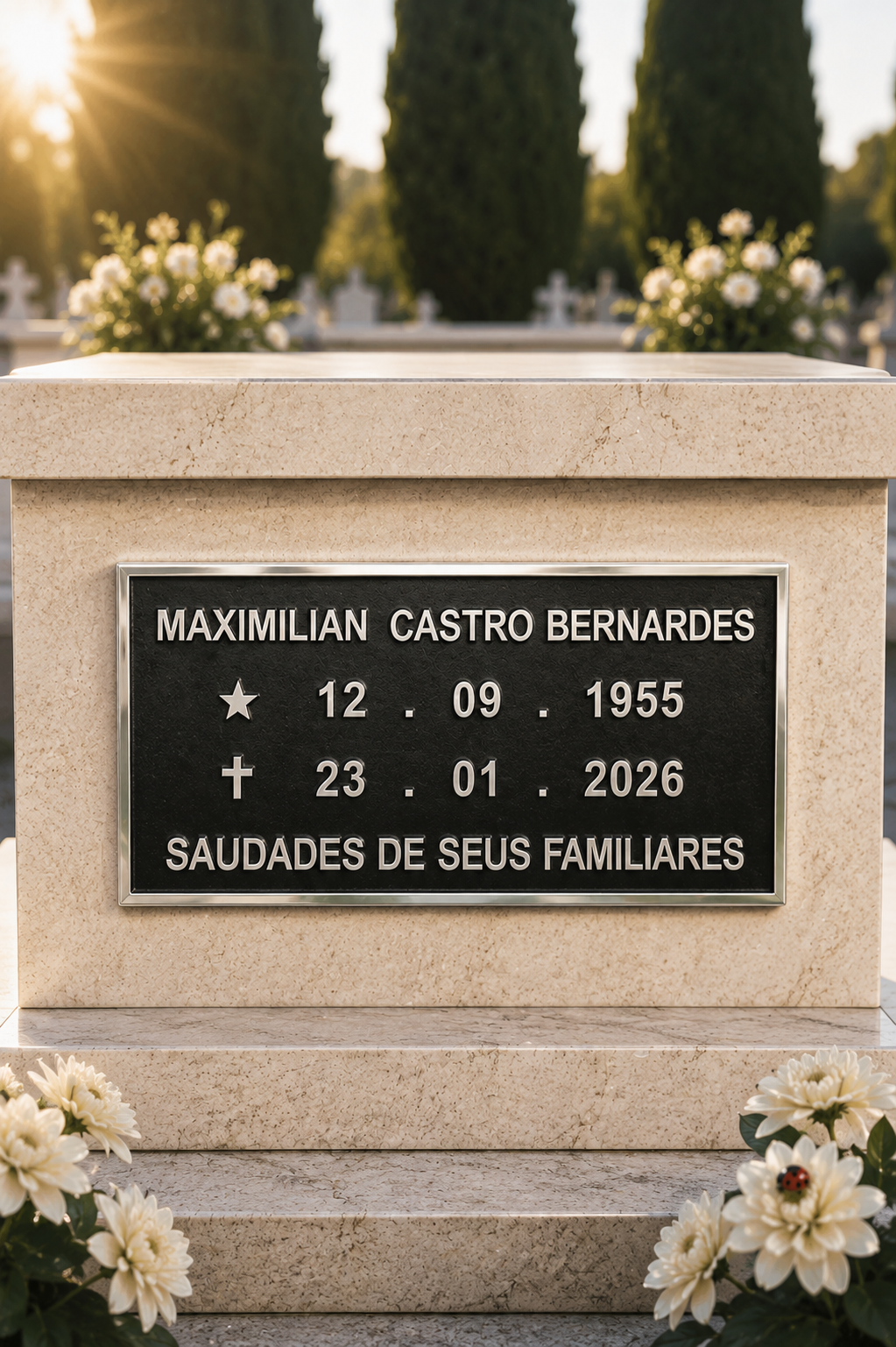 PLACA DE HOMENAGEM NOME E DATAS S/FOTO — exemplo de peça pronta, com nome e datas de demonstração