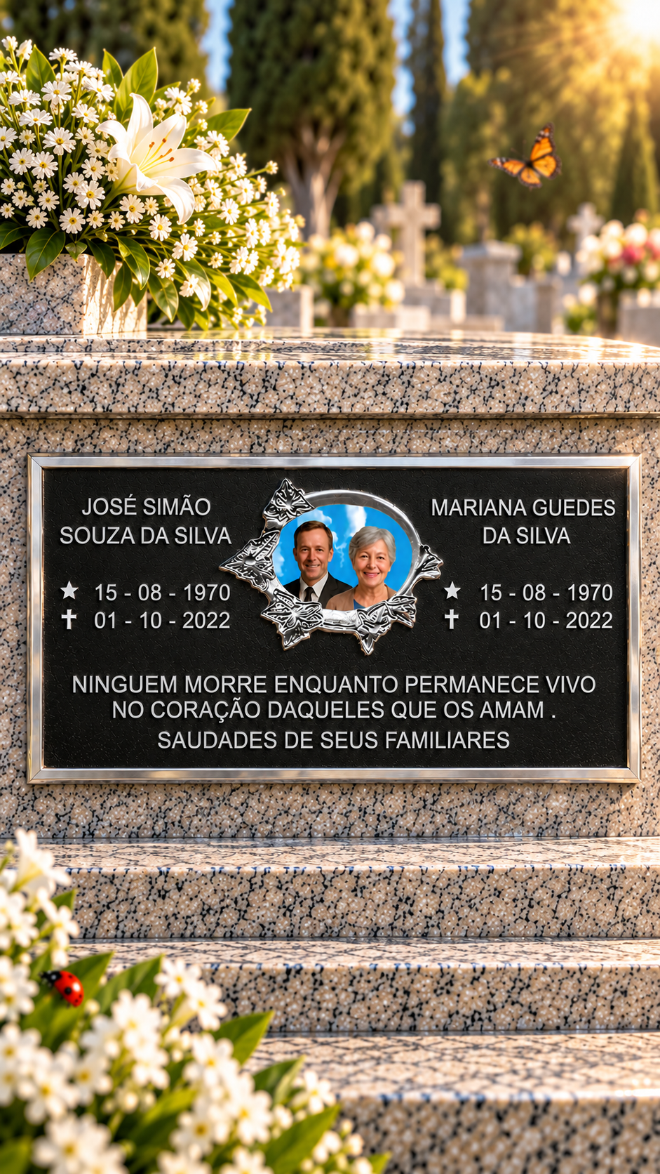 PLACA DE HOMENAGEM TRADICIONAL ALUMÍNIO JUNÇÃO CASAL 2 PESSOAS — exemplo de peça pronta, com nome e datas de demonstração