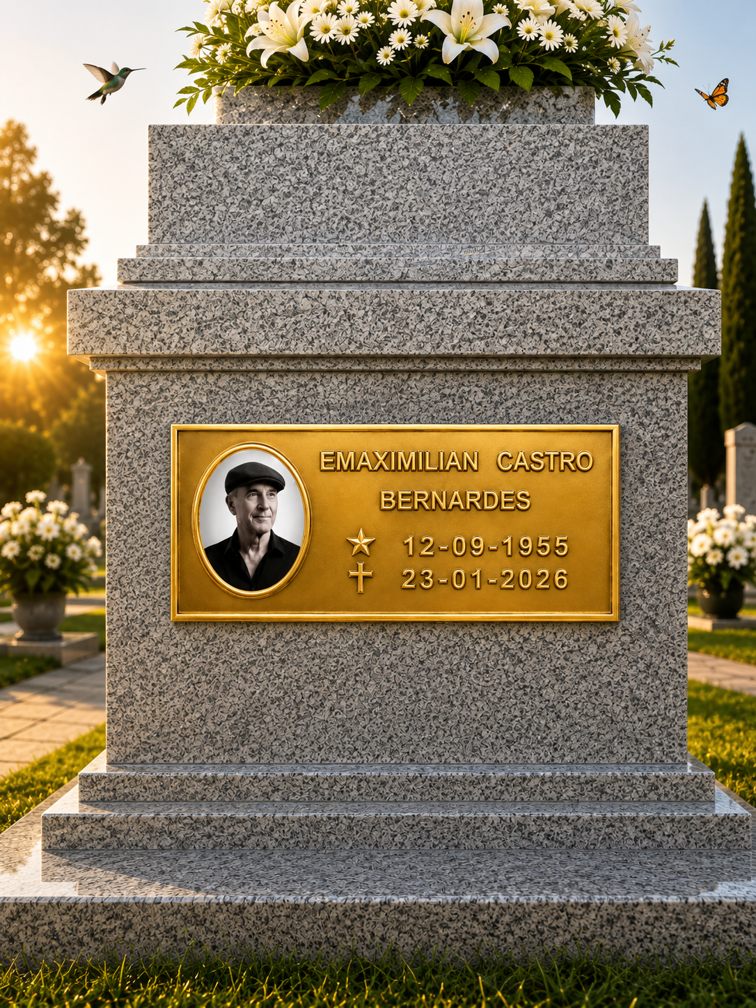 PLACA TRADICIONAL ESPECIAL DE BRONZE POLIDO SEM PINTURA — exemplo de peça pronta, com nome e datas de demonstração