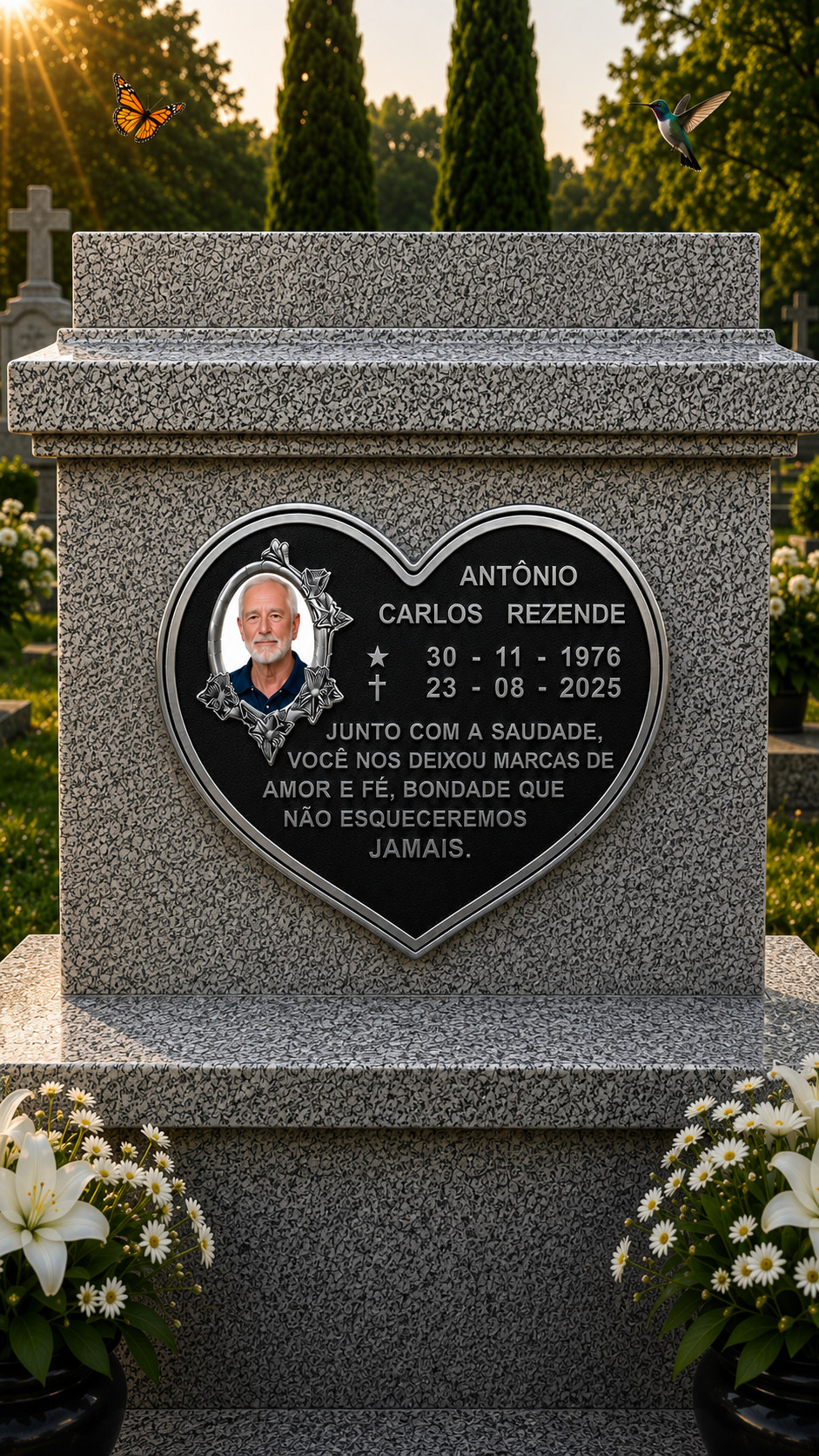 PLACA DE HOMENAGEM TRADICIONAL ALUMÍNIO CORAÇÃO 1 PESSOA — exemplo de peça pronta, com nome e datas de demonstração