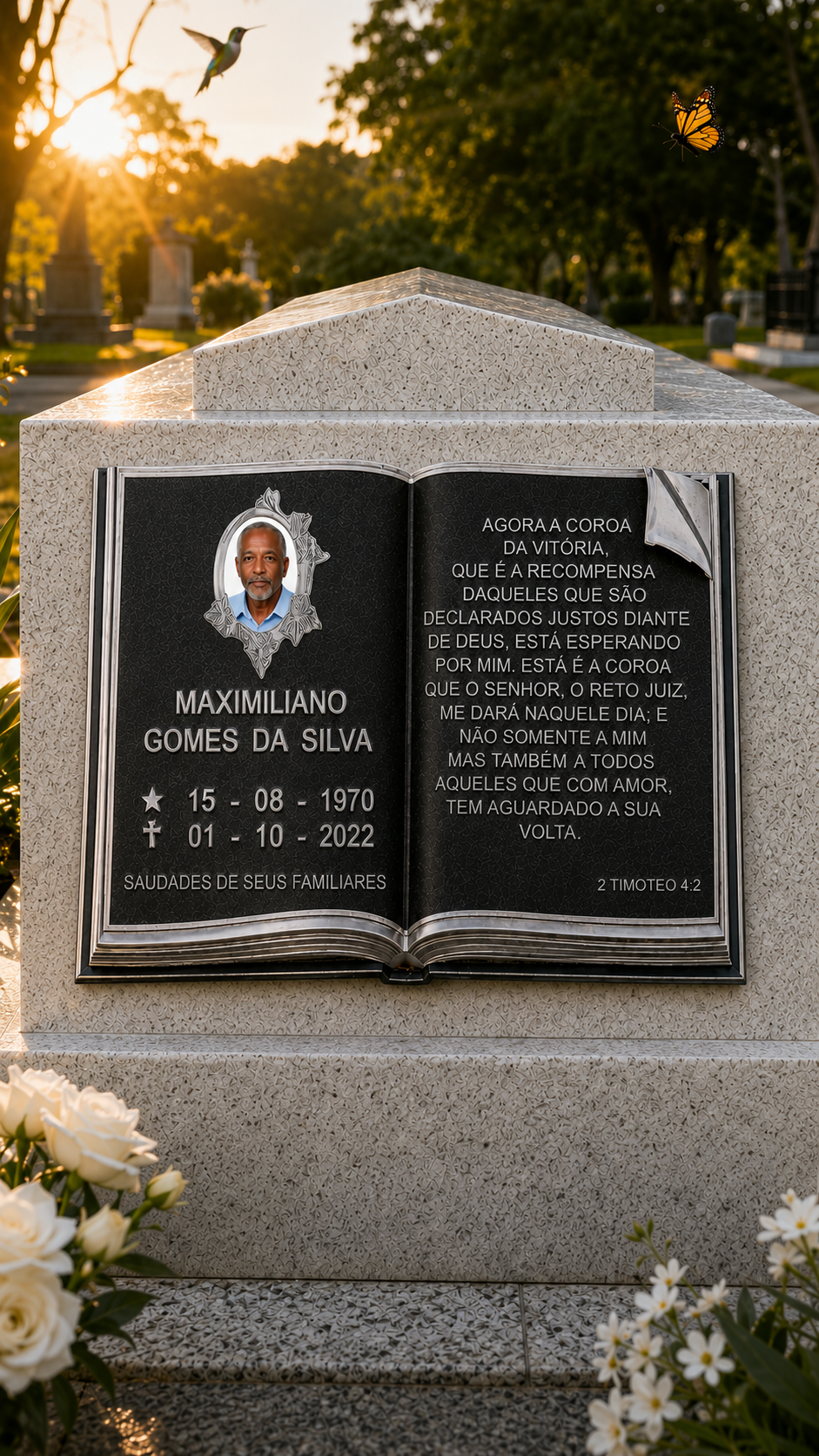 PLACA DE HOMENAGEM CLÁSSICA BÍBLIA ALUMÍNIO 1 PESSOA — exemplo de peça pronta, com nome e datas de demonstração