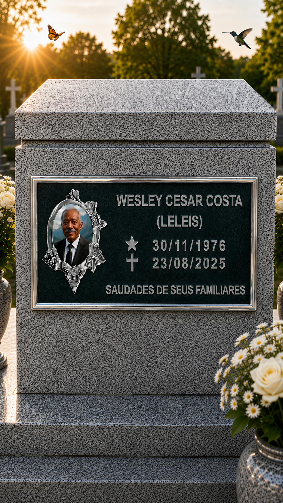 PLACA DE HOMENAGEM TRADICIONAL ALUMÍNIO 1 PESSOA — exemplo de peça pronta, com nome e datas de demonstração
