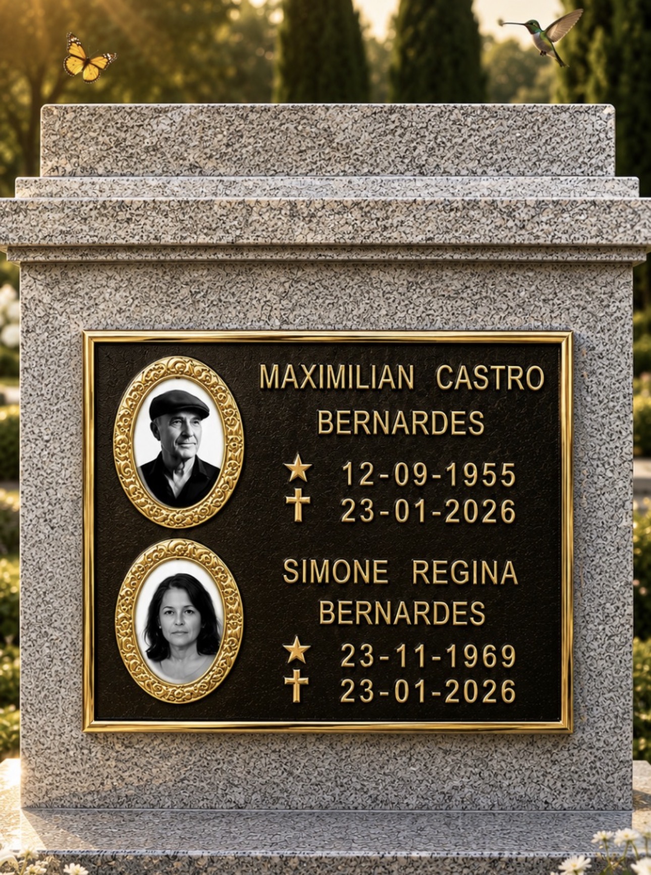 PLACA TRADICIONAL ESPECIAL BRONZE 2 PESSOAS — exemplo de peça pronta, com nome e datas de demonstração