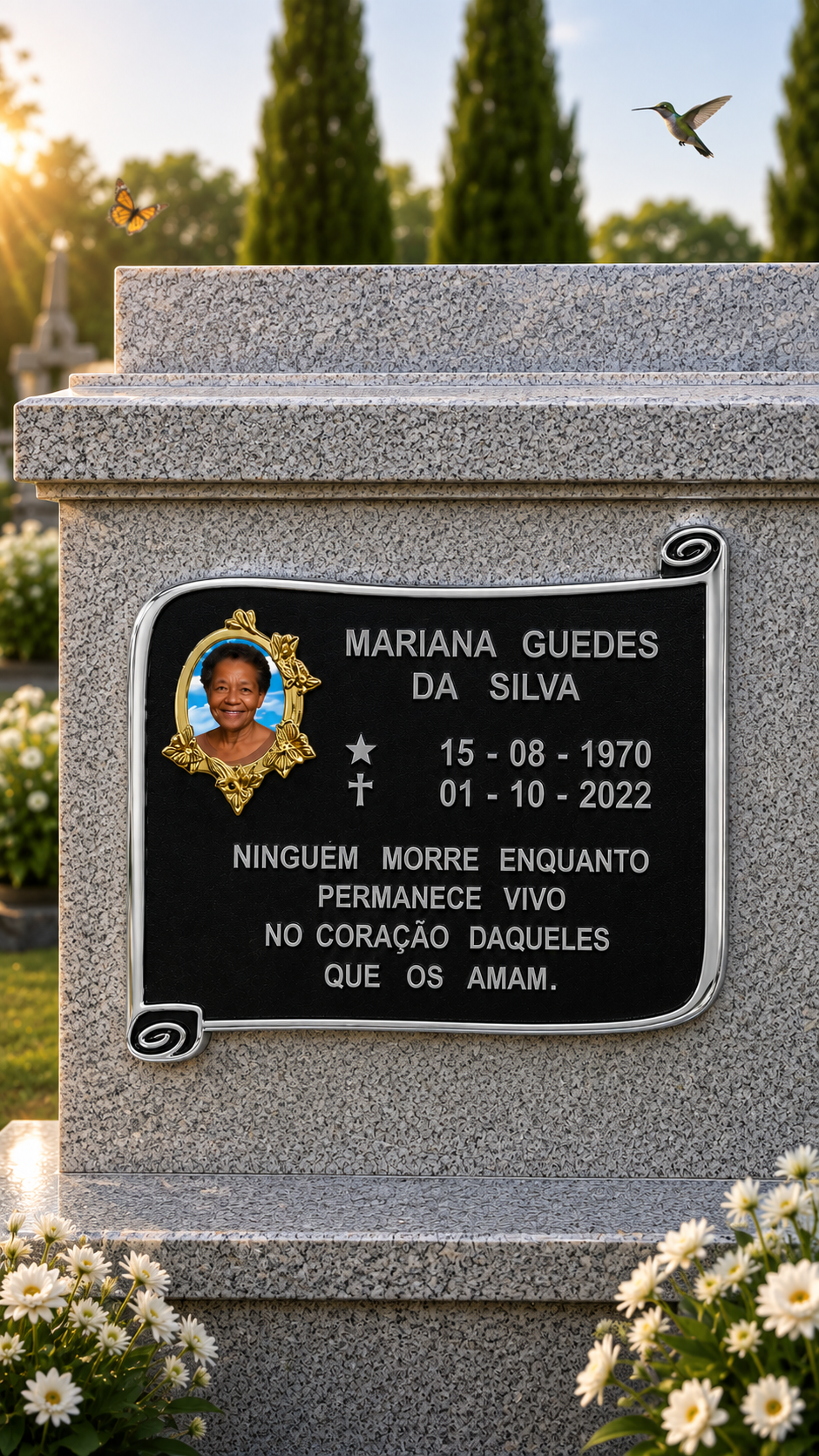 PLACA DE HOMENAGEM TRADICIONAL ALUMÍNIO PERGAMINHO 1 PESSOA — exemplo de peça pronta, com nome e datas de demonstração