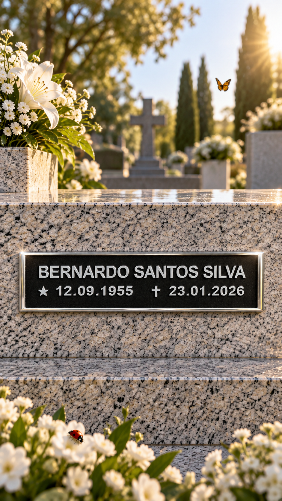 PLACA DE HOMENAGEM TRADICIONAL ALUMÍNIO NOME E DATAS — exemplo de peça pronta, com nome e datas de demonstração